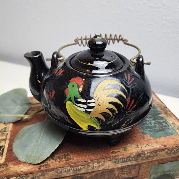 Other - Vintage Clay Black Painted Teapot, Metal Coil Handle, Spry Painted Rooster